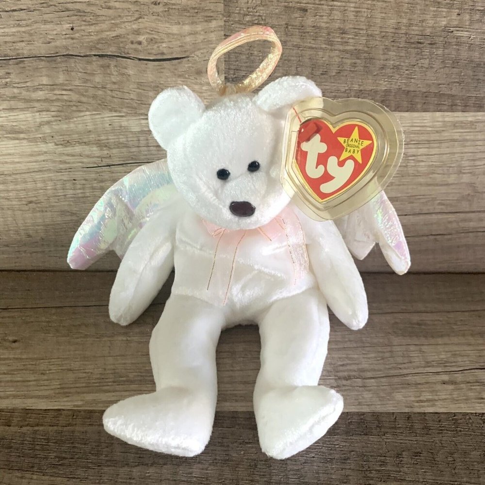 TY Beanie Babies HALO Angel Bear 1998 *RARE BROWN NOSE* Tag Errors, Retired